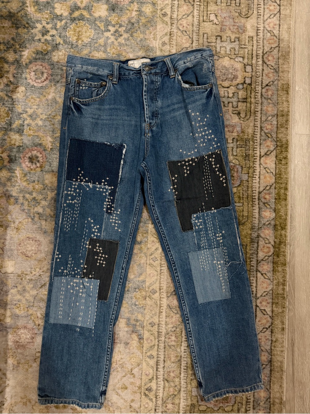 Free People Mid-Rise Straight Embellished Patchwork Blue Denim Jeans